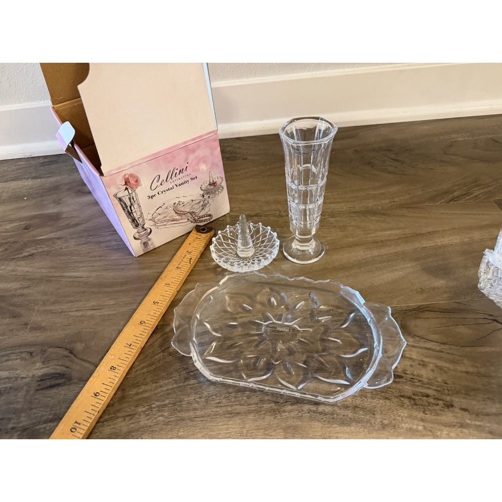 Cellini collection stydio crystal 3 pc Crystal Vanity Set Bud Vase Ring Holder - Picture 8 of 9